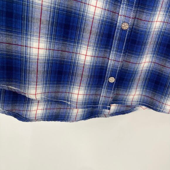 Affliction Lace Up Western Aztec Embroidered Snap Up Blue Plaid Women Small NEW - Picture 11 of 14